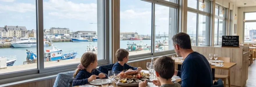 Une famille vue de dos attablée près d'une grande baie vitrée donnant sur le port de Cherbourg, plateau de fruits de mer au centre de la table