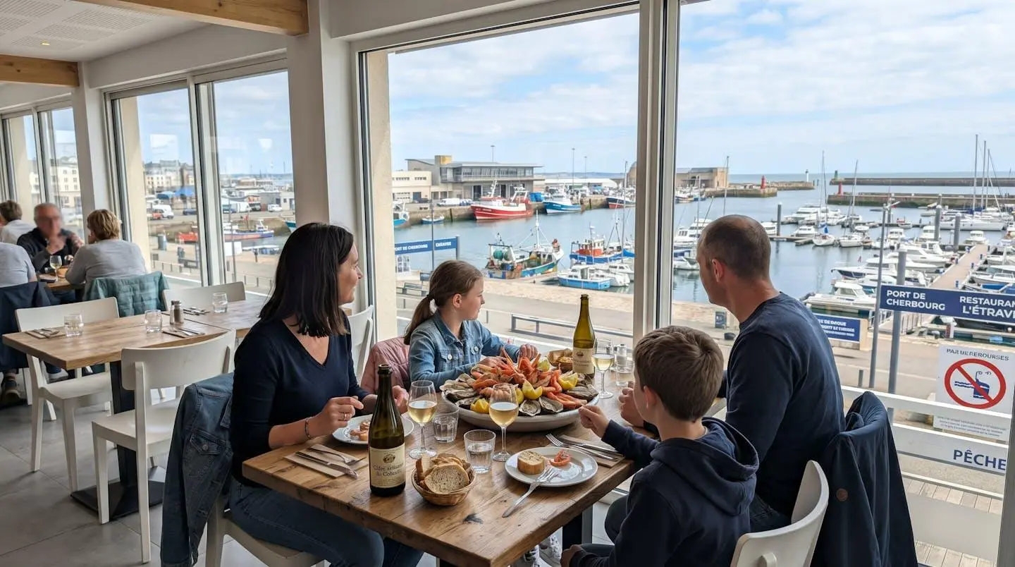 Une famille vue de dos attablée près d'une grande baie vitrée donnant sur le port de Cherbourg, plateau de fruits de mer au centre de la table