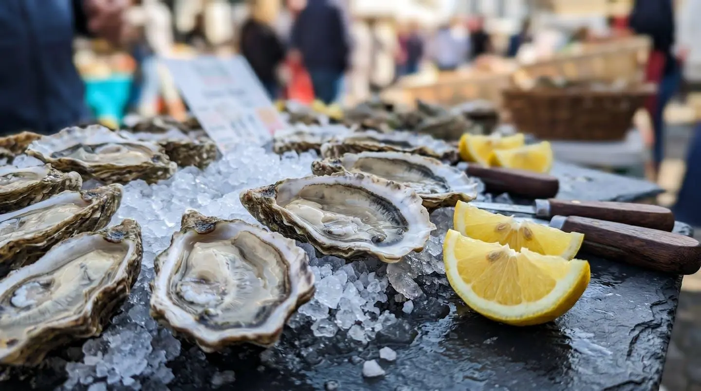 Gros plan sur des huîtres fraîches disposées sur un lit de glace pilée avec quartiers de citron, texture brillante des coquilles visible