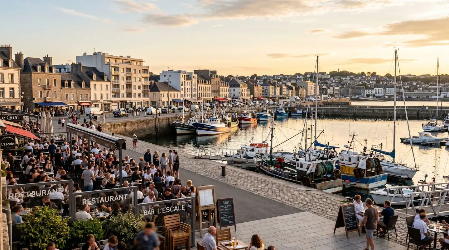 Vue en plongée sur le port de Cherbourg avec terrasses de restaurants au premier plan et bateaux de pêche amarrés, lumière dorée de fin de journée