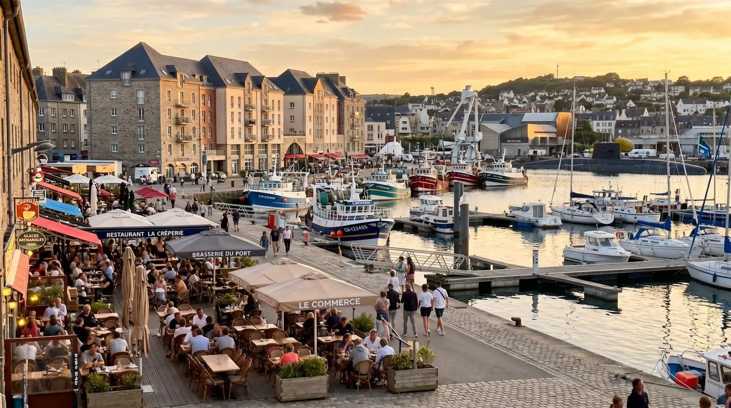 Vue en plongée sur le port de Cherbourg avec terrasses de restaurants au premier plan et bateaux de pêche amarrés, lumière dorée de fin de journée