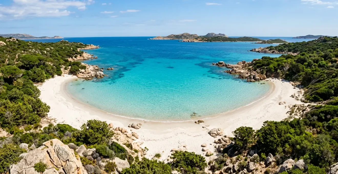 Vue panoramique de la plage de Tamaricciu avec son sable blanc, ses eaux turquoise et ses rochers granitiques emblématiques en Corse du Sud