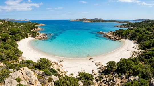 Vue panoramique de la plage de Tamaricciu avec son sable blanc, ses eaux turquoise et ses rochers granitiques emblématiques en Corse du Sud