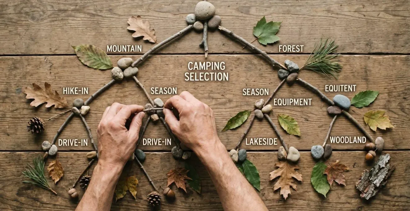 Illustration symbolique d'un processus de décision rapide pour choisir un camping en famille