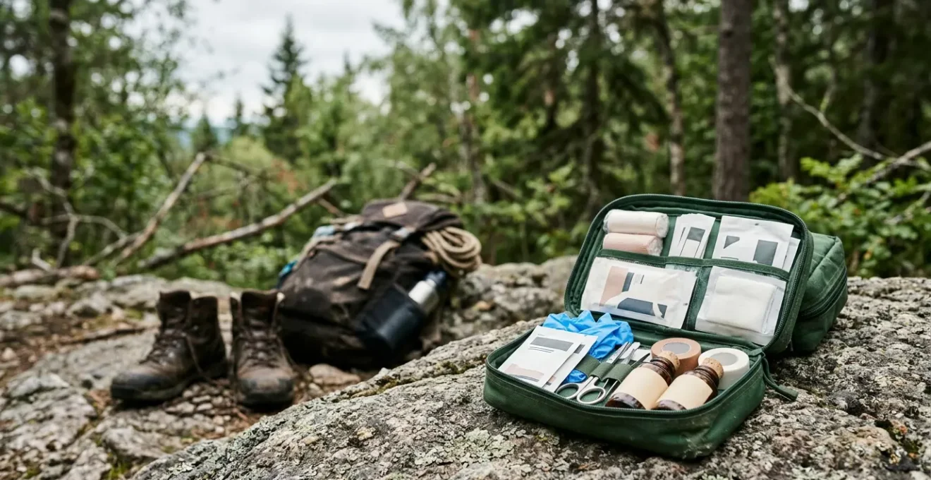 Kit de premiers secours ouvert en pleine nature avec matériel d'urgence pour morsure de serpent lors d'un camping