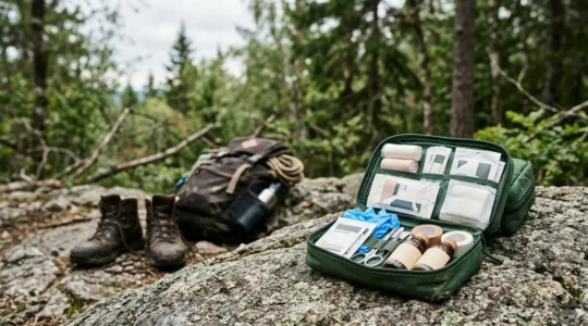 Kit de premiers secours ouvert en pleine nature avec matériel d'urgence pour morsure de serpent lors d'un camping