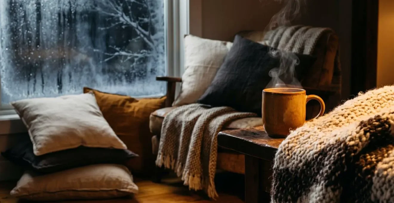 Intérieur chaleureux d'une roulotte en hiver avec lumière tamisée et textures cosy