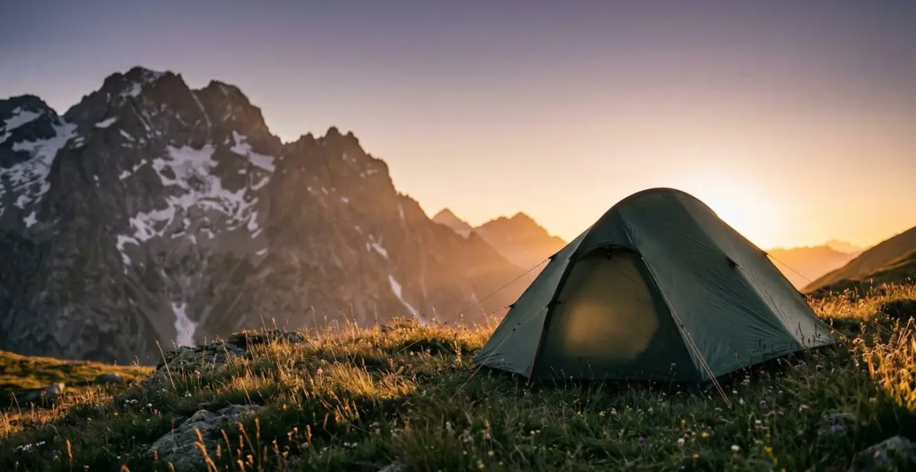Tente legere installee sur un plateau d'altitude au coucher du soleil avec sommets montagneux en arriere-plan et ciel crepusculaire