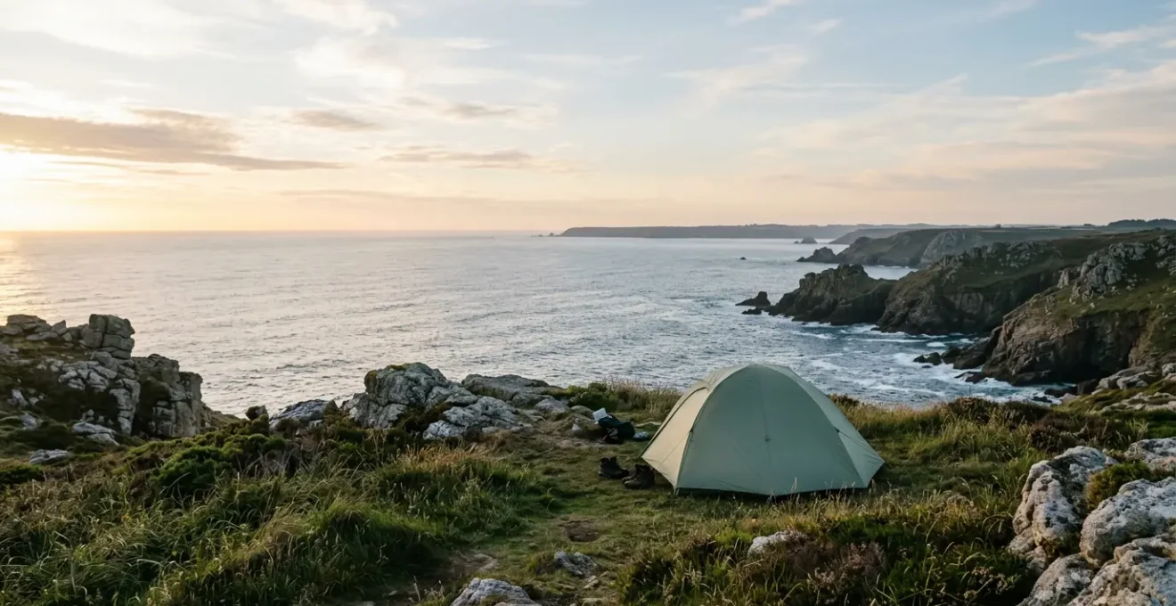 Campeur contemplant la côte bretonne sauvage au lever du soleil, tente en arrière-plan, ambiance paisible et authentique
