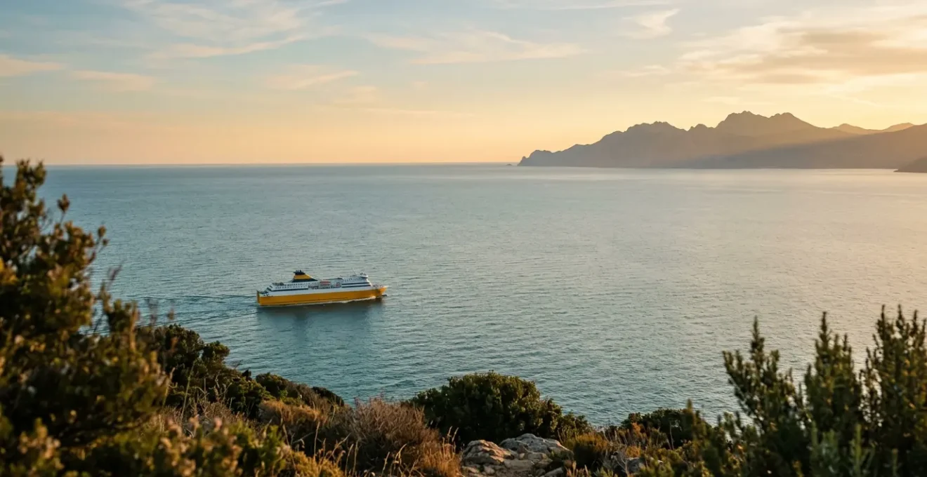 Vue grand angle d'un ferry moderne naviguant vers la Corse au lever du soleil avec des montagnes corses en arrière-plan