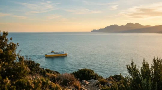 Vue grand angle d'un ferry moderne naviguant vers la Corse au lever du soleil avec des montagnes corses en arrière-plan