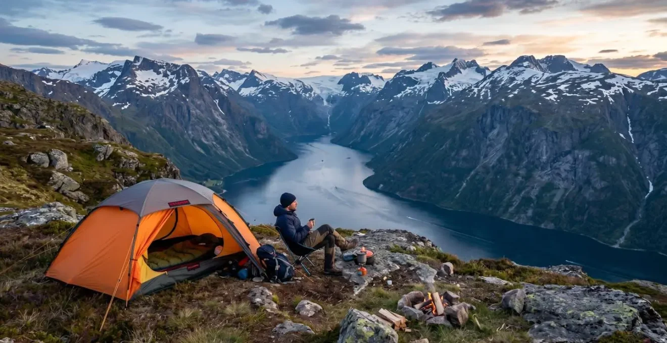 Camping au bord d'un fjord norvégien avec vue spectaculaire sur les montagnes