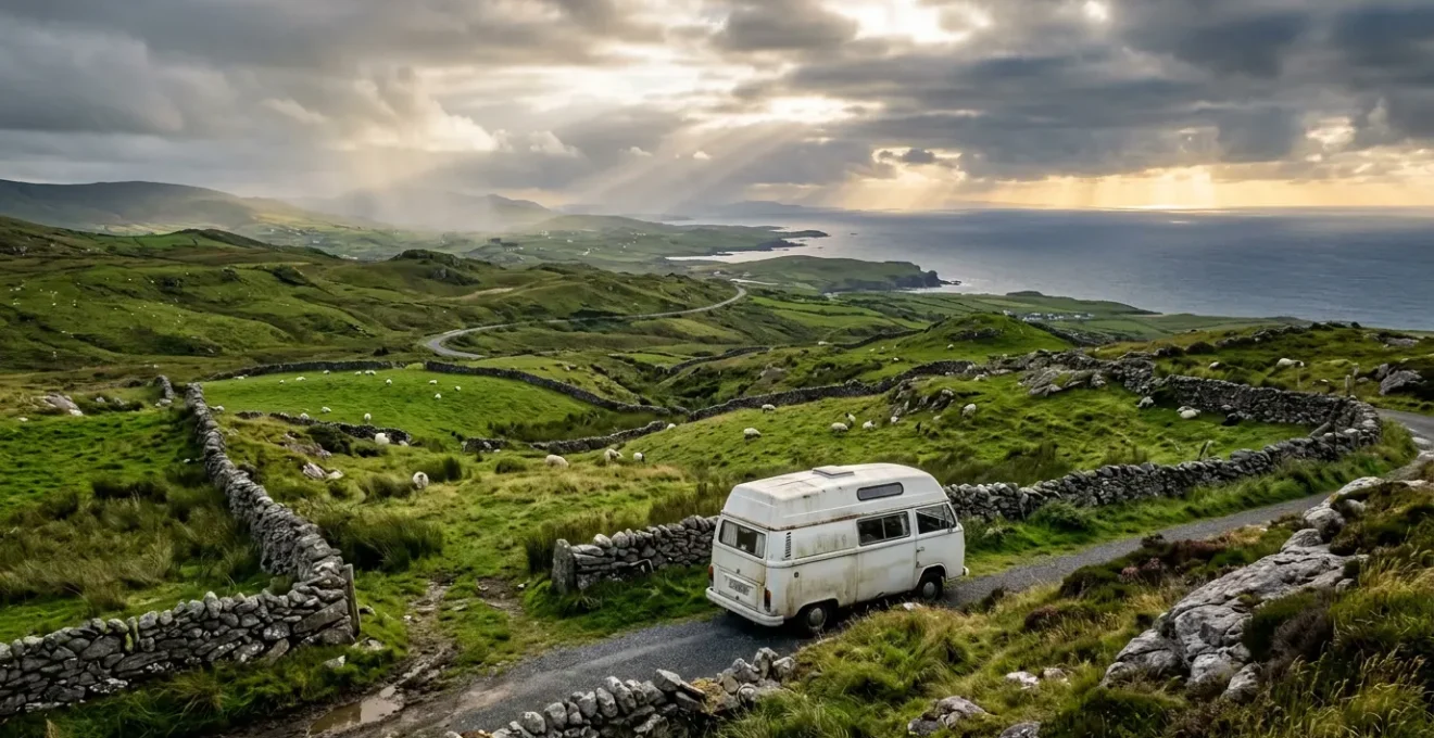 Campeur devant un van aménagé contemplant un paysage verdoyant irlandais typique avec des murets de pierre et des moutons, ambiance de voyage authentique