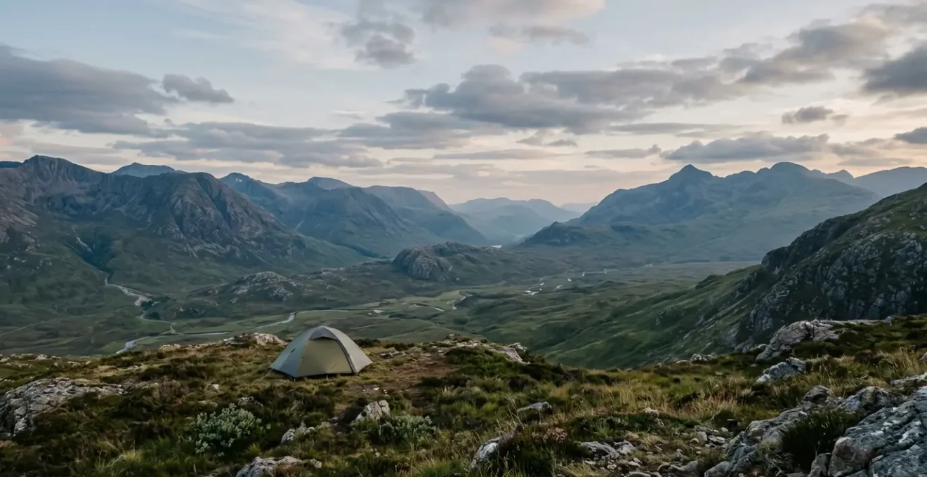 Vue panoramique d'un campement solitaire dans un paysage montagneux préservé avec une tente isolée