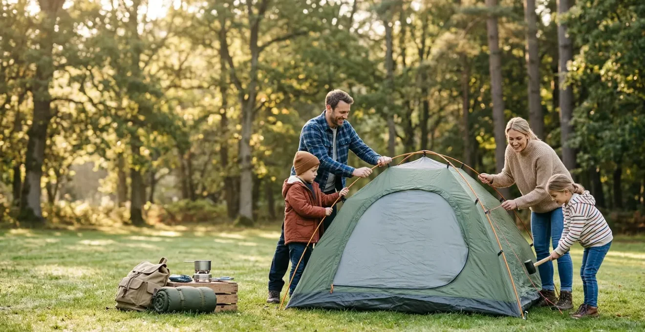 Famille installant une tente dans un camping économique en France avec vue sur la nature