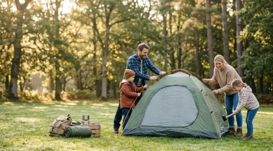 Famille installant une tente dans un camping économique en France avec vue sur la nature