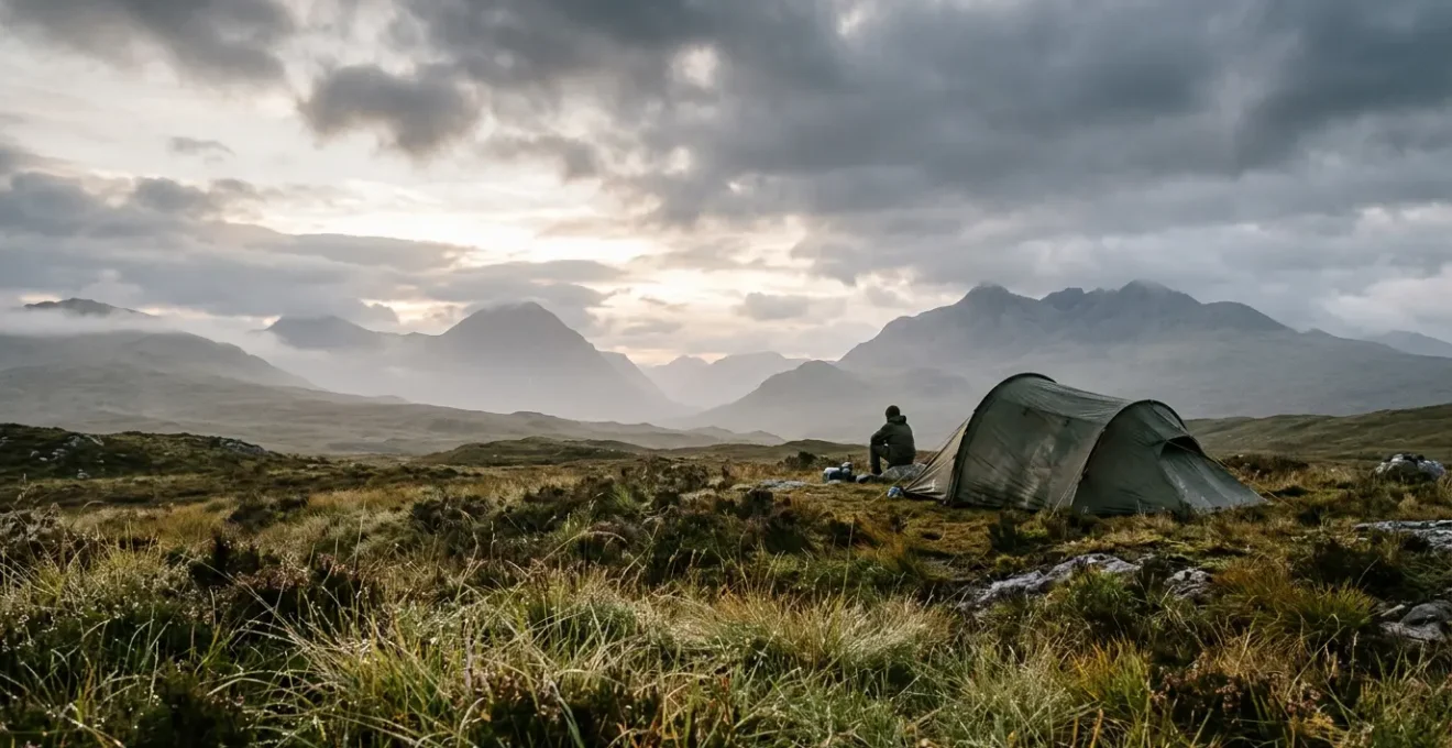 Campement sous une tente dans les Highlands écossais avec brume matinale
