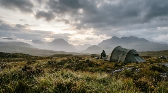 Campement sous une tente dans les Highlands écossais avec brume matinale