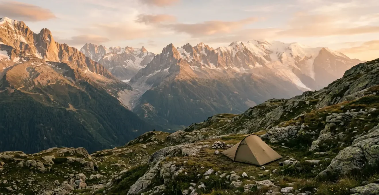 Bivouac discret en montagne française au crépuscule avec tente légère et paysage naturel préservé