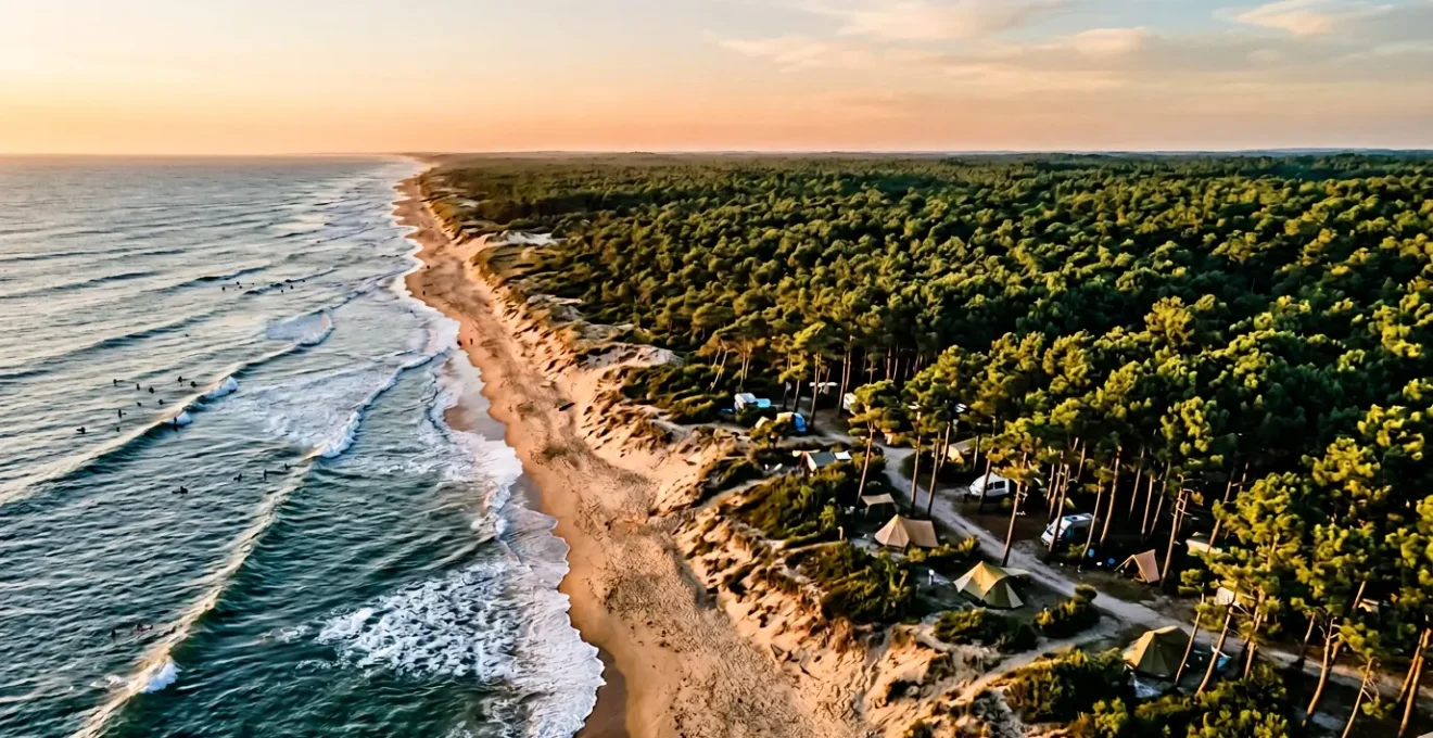 Vue aerienne combinant ocean Atlantique avec surfeurs, foret de pins des Landes et emplacement de camping nature au coucher du soleil