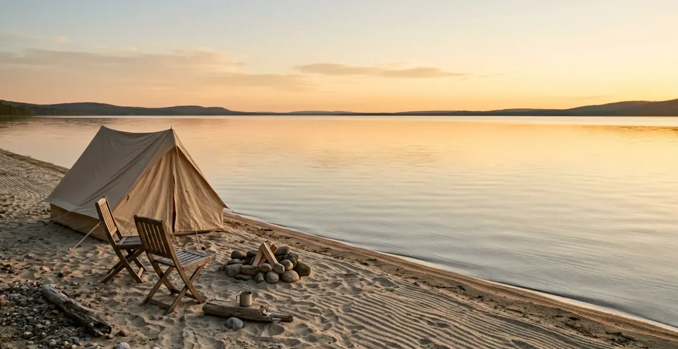 Campement au bord de l'eau au lever du soleil avec vue dégagée sur la plage