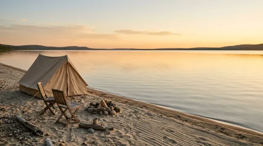 Campement au bord de l'eau au lever du soleil avec vue dégagée sur la plage