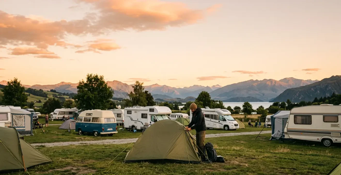 Voyageur installant sa tente dans un camping européen au coucher du soleil