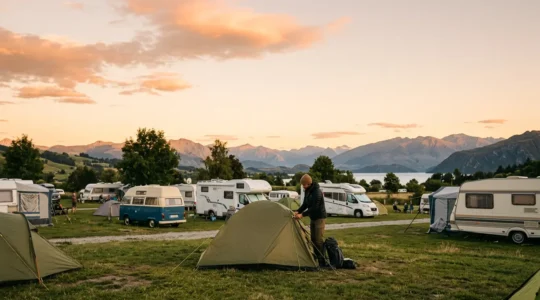 Voyageur installant sa tente dans un camping européen au coucher du soleil