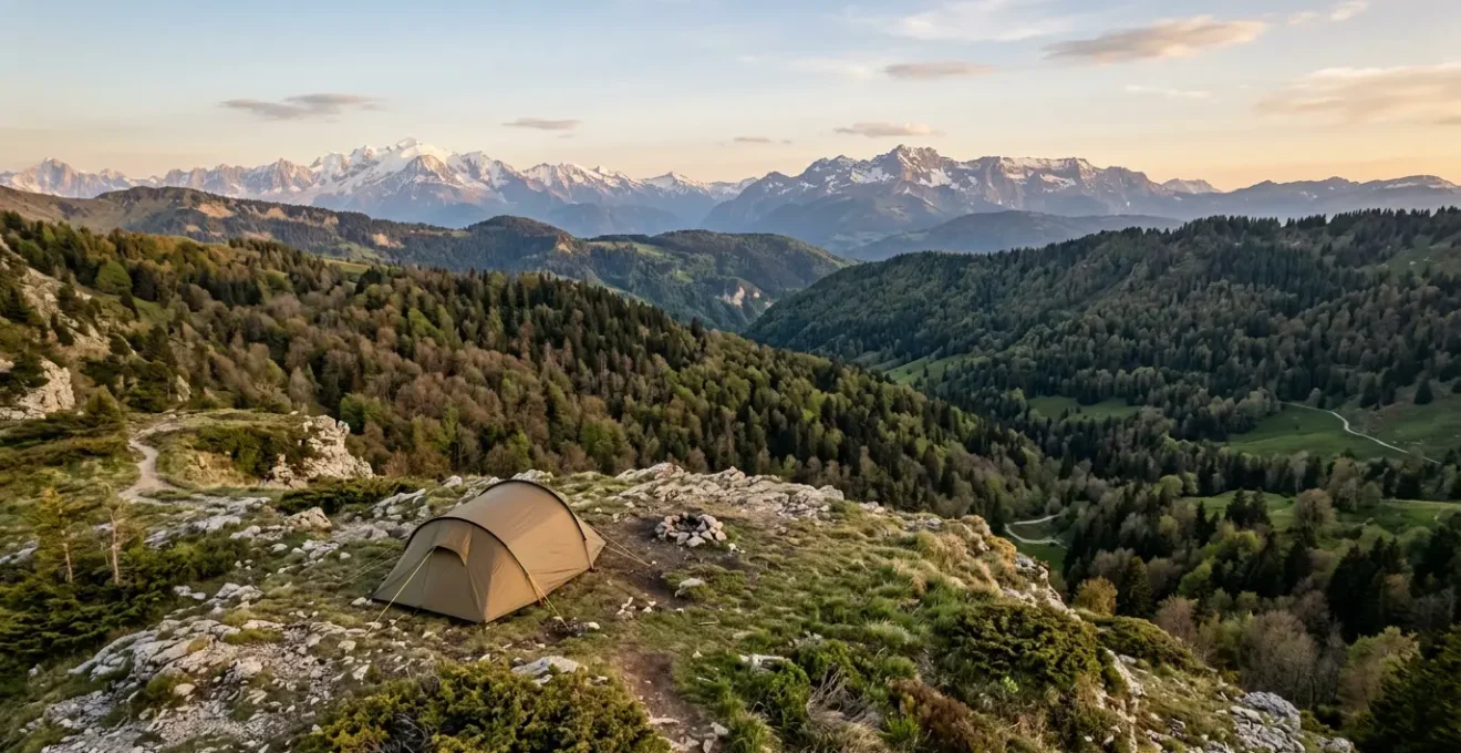 Vue aerienne d'un campement en tente installe dans un paysage naturel francais avec montagnes en arriere-plan