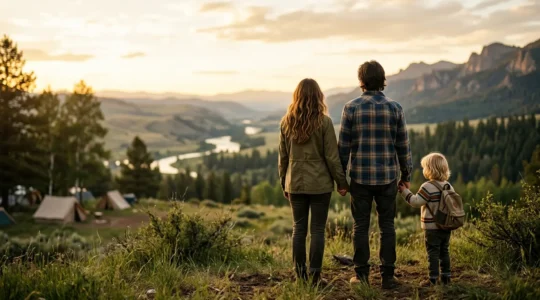 Famille devant une carte géographique en camping dans un cadre naturel