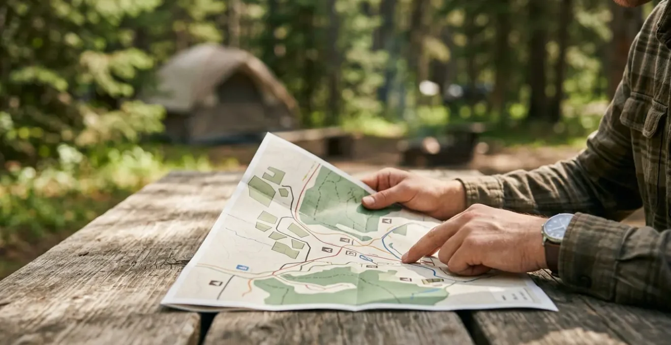Personne analysant un plan de camping pour choisir le meilleur emplacement