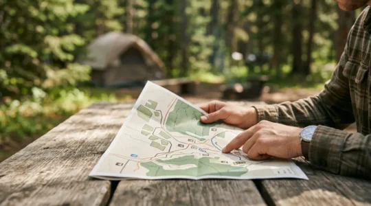 Personne analysant un plan de camping pour choisir le meilleur emplacement
