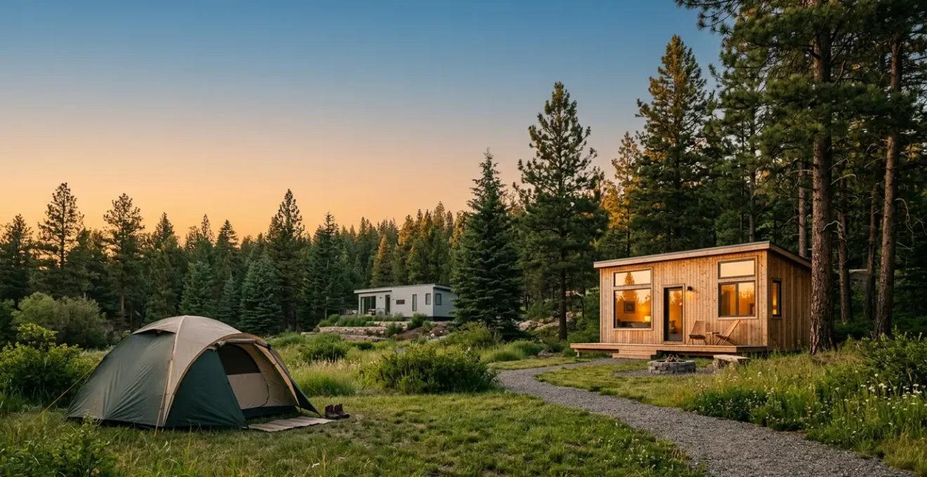 Scène de camping avec différents types d'hébergements illustrant le choix entre tente, mobil-home et chalet