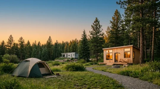Scène de camping avec différents types d'hébergements illustrant le choix entre tente, mobil-home et chalet