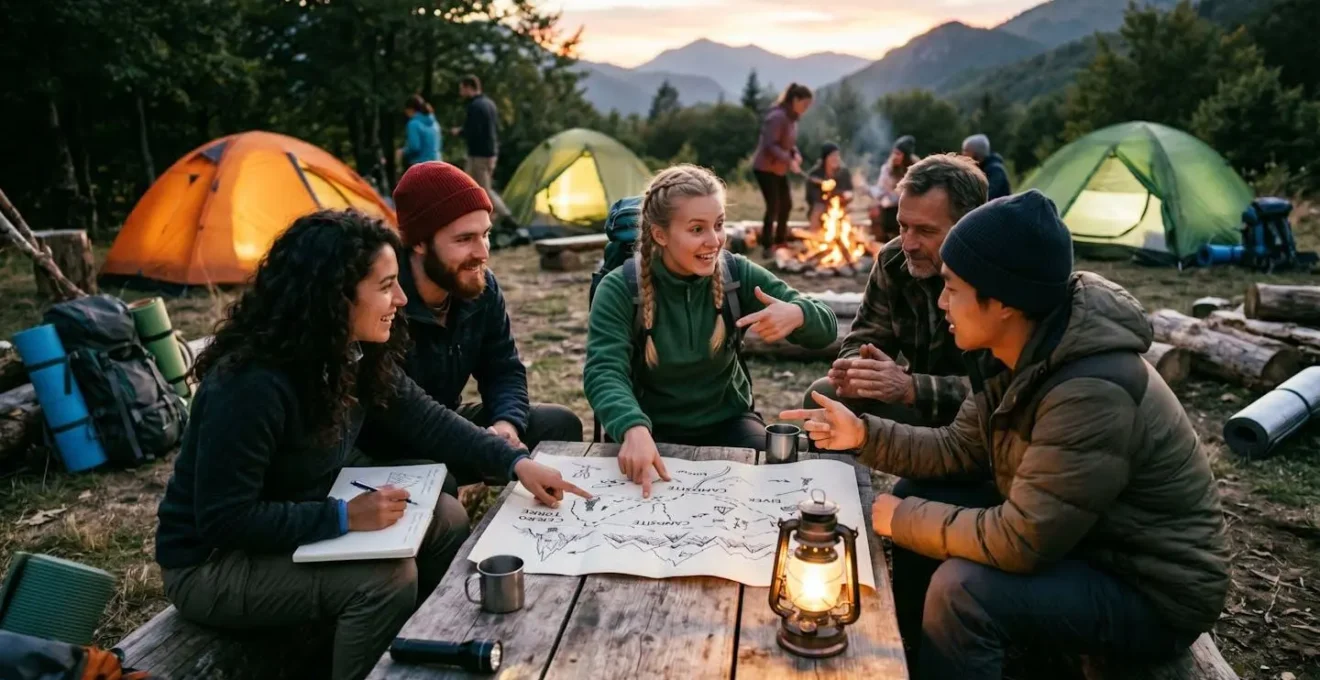 Voyageurs communiquant par gestes et dessins dans un camping