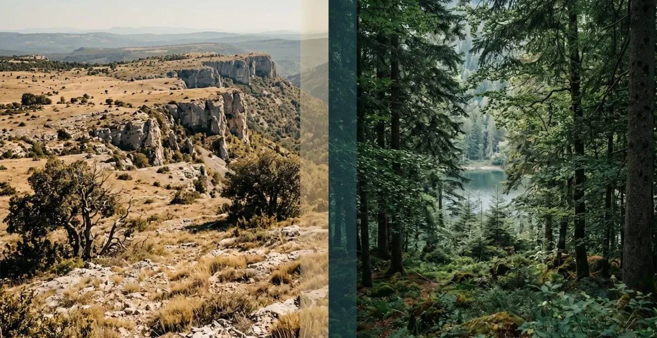 Contraste entre un paysage cévenol ouvert et minéral et une ambiance forestière jurassienne dense
