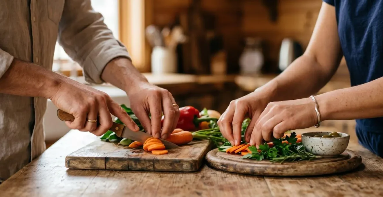 Scène intimiste montrant les mains de deux personnes préparant un repas ensemble dans un espace restreint chaleureux