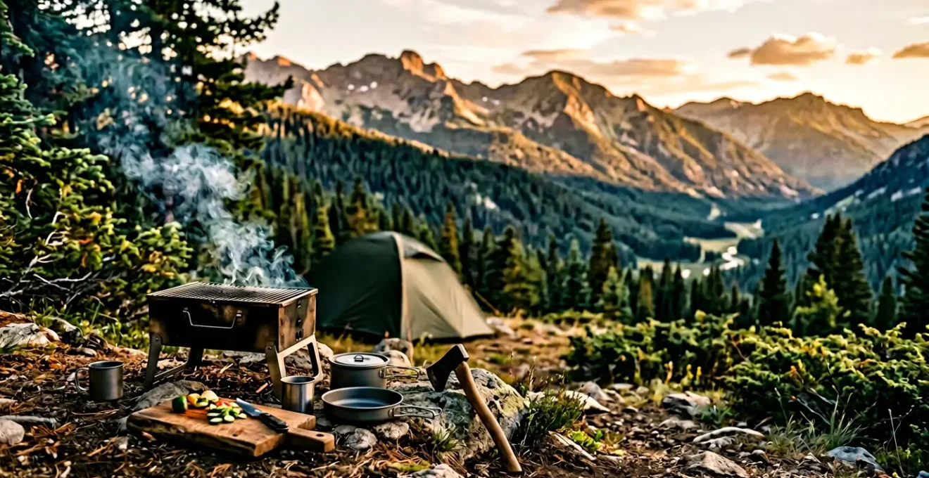 Scène de camping avec barbecue et ustensiles de cuisine en plein air au coucher du soleil