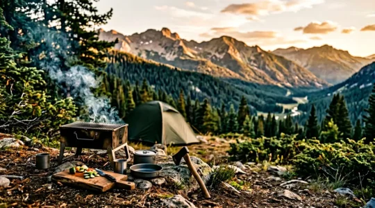 Scène de camping avec barbecue et ustensiles de cuisine en plein air au coucher du soleil