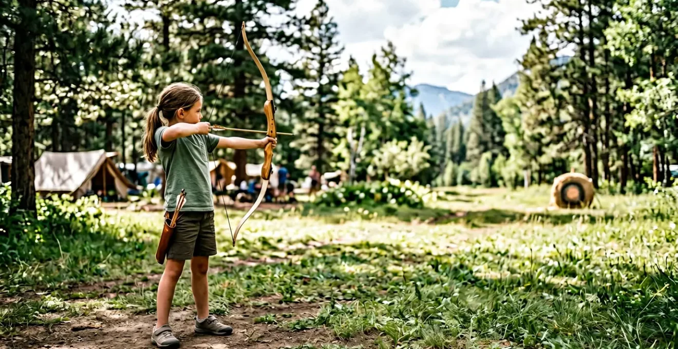 Enfant concentré s'apprêtant à tirer à l'arc lors d'une activité en camping pendant les vacances