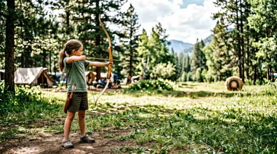 Enfant concentré s'apprêtant à tirer à l'arc lors d'une activité en camping pendant les vacances