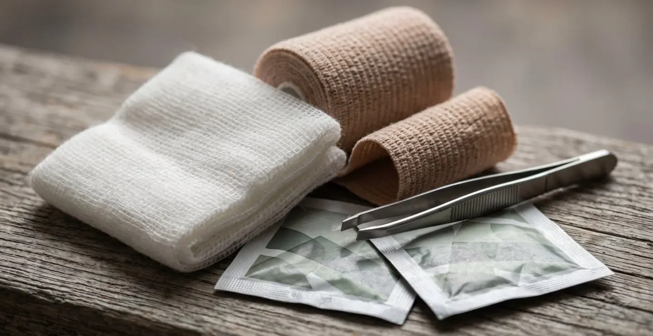 Gros plan détaillé sur les éléments essentiels d'une trousse de secours camping avec textures visibles