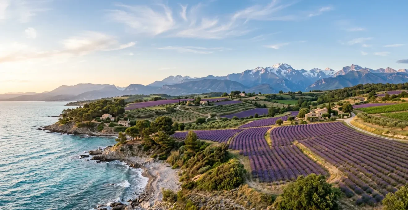 Panorama éditorial capturant la diversité des paysages de PACA entre mer Méditerranée, sommets alpins et villages provençaux