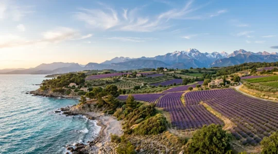Panorama éditorial capturant la diversité des paysages de PACA entre mer Méditerranée, sommets alpins et villages provençaux