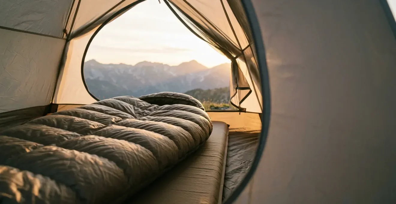 Sac de couchage en duvet posé sur matelas isolant dans une tente au lever du soleil avec paysage montagneux en arrière-plan