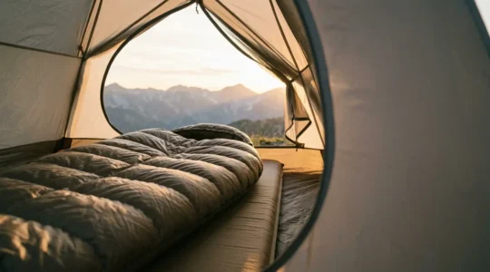Sac de couchage en duvet posé sur matelas isolant dans une tente au lever du soleil avec paysage montagneux en arrière-plan