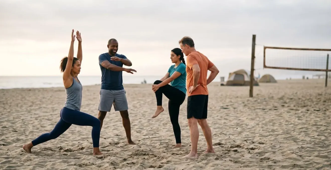 Joueurs effectuant des exercices d'échauffement dynamiques sur le sable avant un match de beach-volley