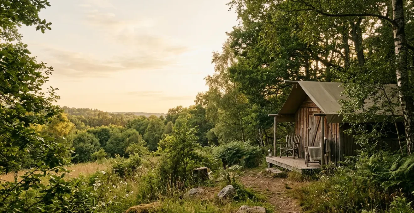 Hébergement écologique authentique en camping avec matériaux naturels intégré dans la nature