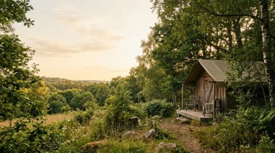 Hébergement écologique authentique en camping avec matériaux naturels intégré dans la nature