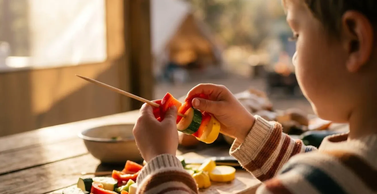 Mains d'enfant enfilant des légumes colorés sur une brochette en bois au camping